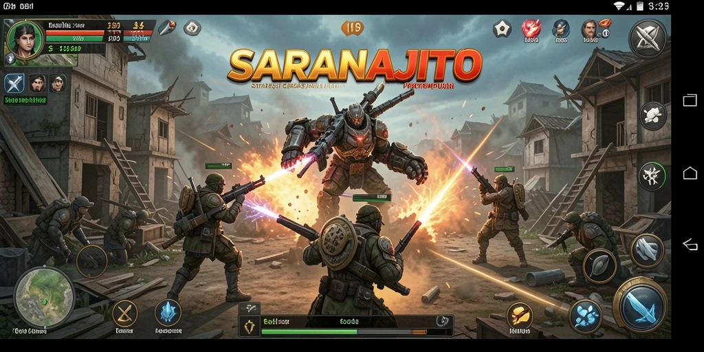 Tampilan gameplay SARANAJITU dengan pertempuran strategi yang mendebarkan.